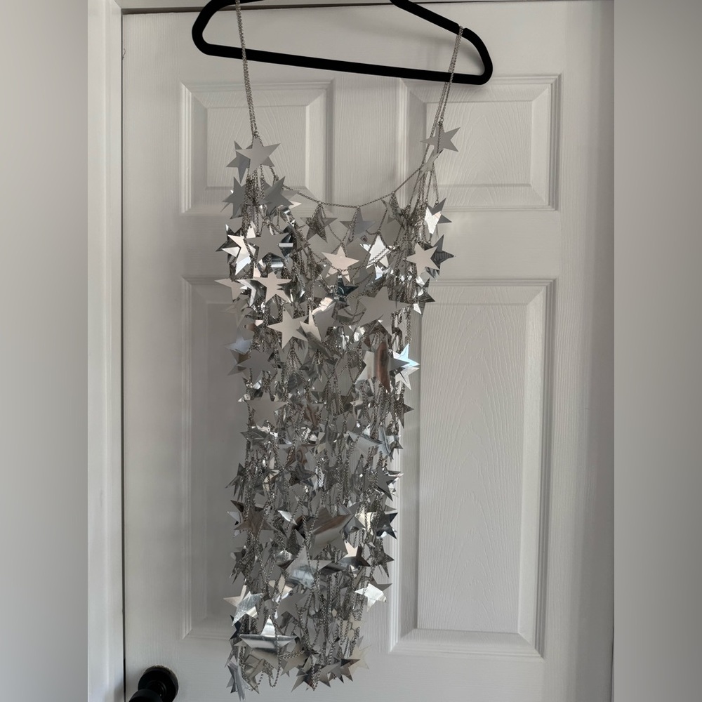 Silver Star Chainmail Mini Dress Festival Rave Metallic Party OS - Picture 6 of 9